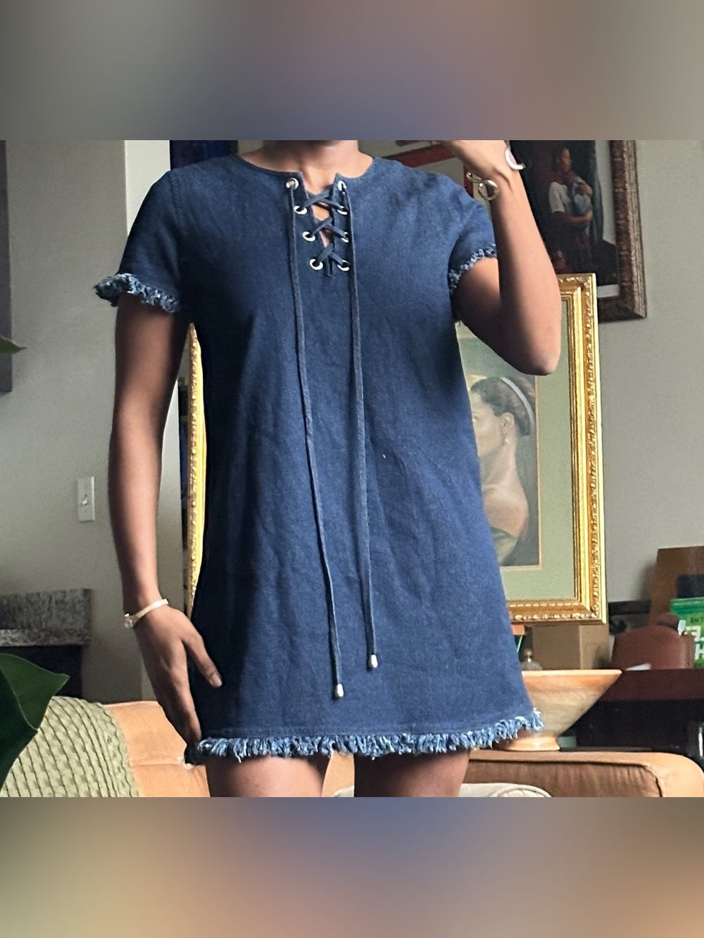 Y2K Denim Lace Up Mini Dress Frayed Hem Shift Boho Festival Western Summer, S